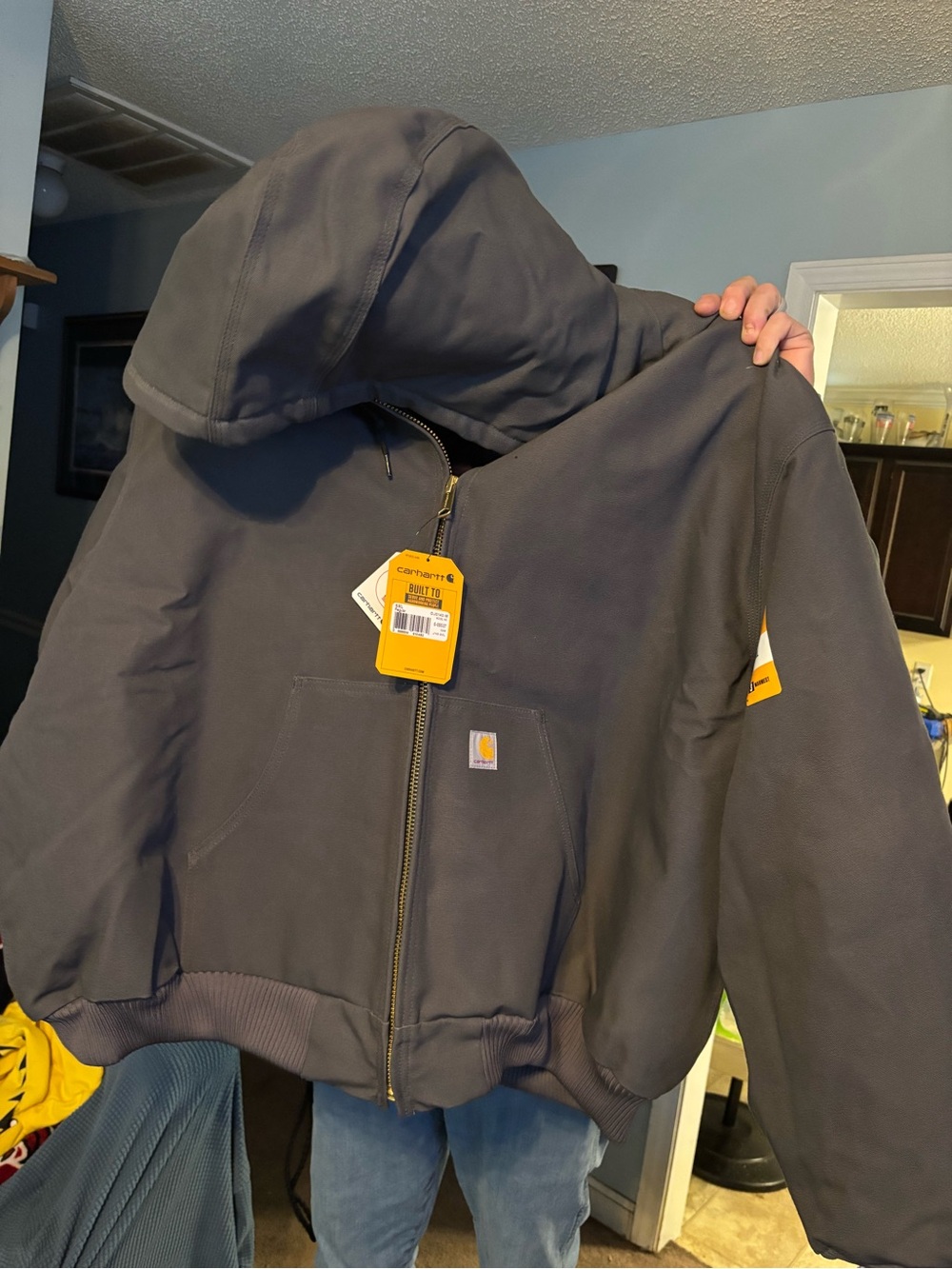 Carhartt Quilted-Lined Hooded Jacket in Black with Gold Zipper